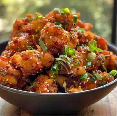 Popcorn chicken with sweet chili sauce on side.