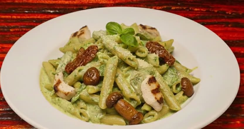 Penne with pesto cream sauce
